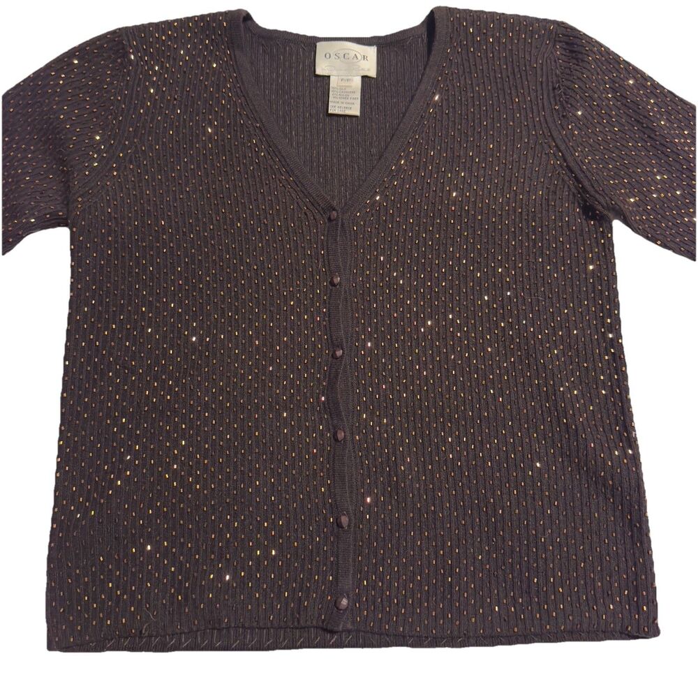 Oscar de la Renta Sz PXS Petit Cropped Cardigan Beaded Dark Brown Cashmere Silk